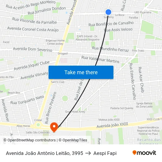 Avenida João Antônio Leitão, 3995 to Aespi Fapi map