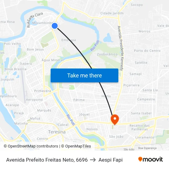 Avenida Prefeito Freitas Neto, 6696 to Aespi Fapi map