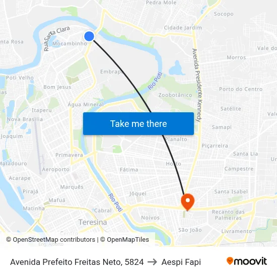 Avenida Prefeito Freitas Neto, 5824 to Aespi Fapi map