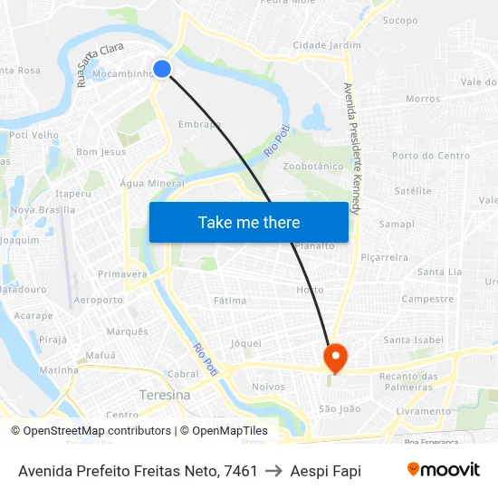 Avenida Prefeito Freitas Neto, 7461 to Aespi Fapi map