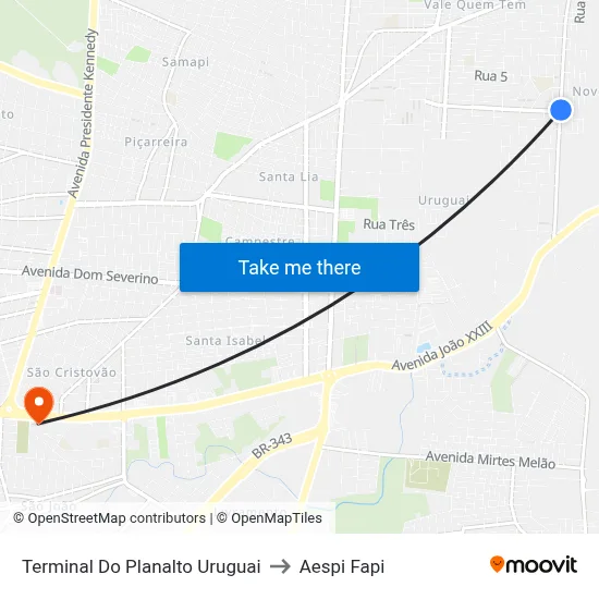 Terminal Do Planalto Uruguai to Aespi Fapi map