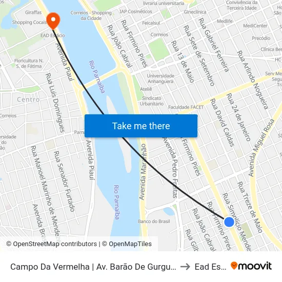 Campo Da Vermelha | Av. Barão De Gurguéia - Sentido Centro to Ead Estácio map