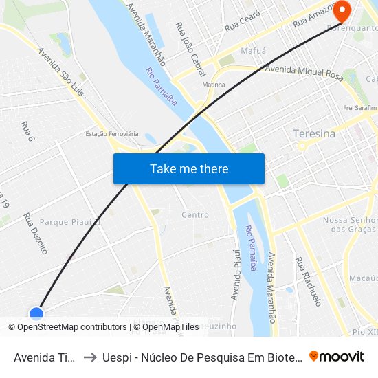 Avenida Tiúba, 1200 to Uespi - Núcleo De Pesquisa Em Biotecnologia E Biodiversidade map