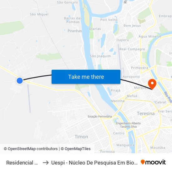 Residencial Novo Tempo to Uespi - Núcleo De Pesquisa Em Biotecnologia E Biodiversidade map