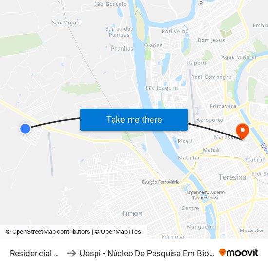 Residencial Novo Tempo to Uespi - Núcleo De Pesquisa Em Biotecnologia E Biodiversidade map