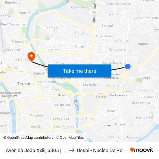 Avenida João Xxiii, 6805 | Ladeira Do Uruguai (Desembarque Intermunicipal) to Uespi - Núcleo De Pesquisa Em Biotecnologia E Biodiversidade map