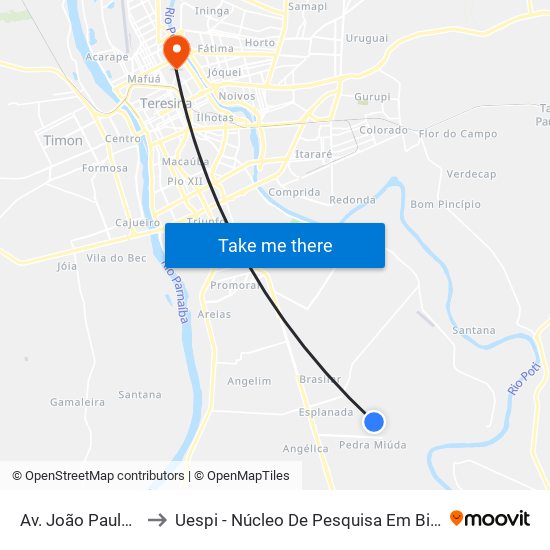 Av. João Paulo Rangel, 1080 to Uespi - Núcleo De Pesquisa Em Biotecnologia E Biodiversidade map