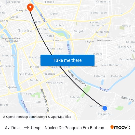 Av. Dois, 3737 to Uespi - Núcleo De Pesquisa Em Biotecnologia E Biodiversidade map