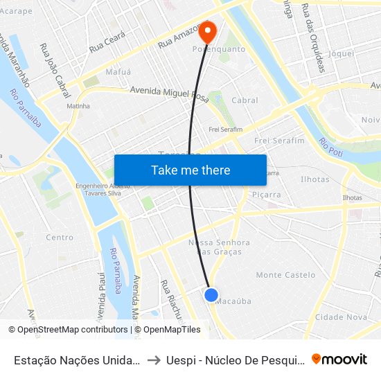 Estação Nações Unidas  | Av. Miguel Rosa - Sentido Centro to Uespi - Núcleo De Pesquisa Em Biotecnologia E Biodiversidade map