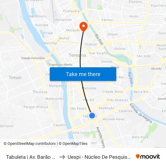 Tabuleta | Av. Barão De Gurgueia - Sentido Centro to Uespi - Núcleo De Pesquisa Em Biotecnologia E Biodiversidade map