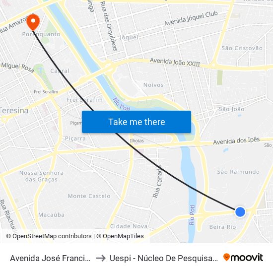 Avenida José Francisco De Almeida Neto, 2116 to Uespi - Núcleo De Pesquisa Em Biotecnologia E Biodiversidade map