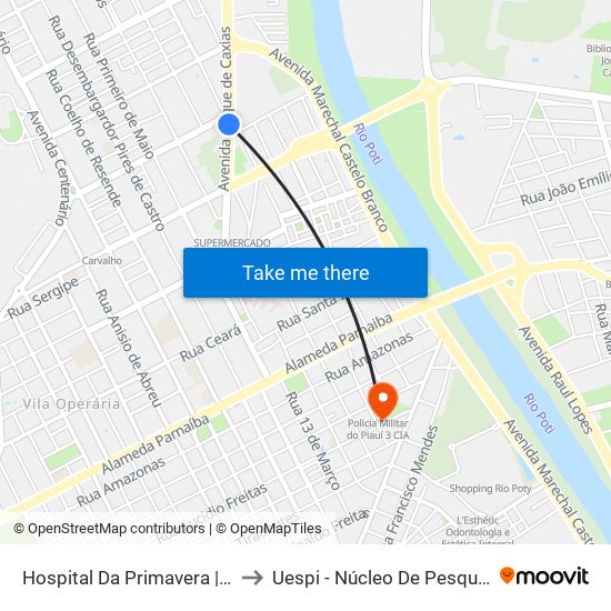 Hospital Da Primavera | Av. Duque De Caxias - Sentido Centro to Uespi - Núcleo De Pesquisa Em Biotecnologia E Biodiversidade map