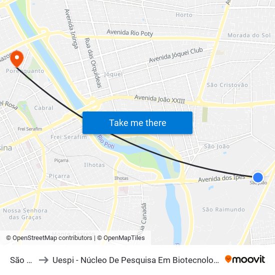 São João to Uespi - Núcleo De Pesquisa Em Biotecnologia E Biodiversidade map