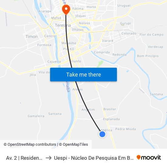 Av. 2 | Residencial Bosque Sul to Uespi - Núcleo De Pesquisa Em Biotecnologia E Biodiversidade map