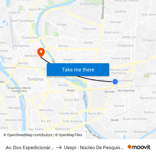 Av. Dos Expedicionários, 4802 | Mercado Do Peixe to Uespi - Núcleo De Pesquisa Em Biotecnologia E Biodiversidade map