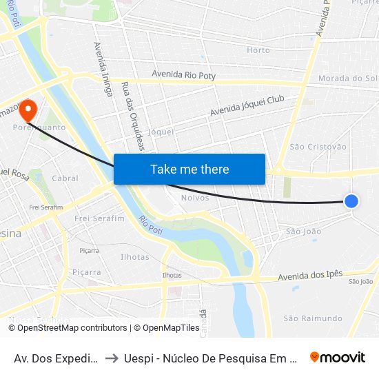 Av. Dos Expedicionários, 3001 to Uespi - Núcleo De Pesquisa Em Biotecnologia E Biodiversidade map