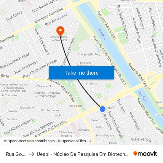 Rua Goiás, 30 to Uespi - Núcleo De Pesquisa Em Biotecnologia E Biodiversidade map