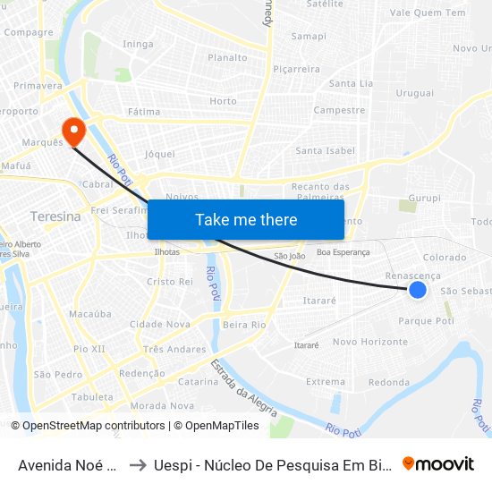 Avenida Noé Mendes, 3493 to Uespi - Núcleo De Pesquisa Em Biotecnologia E Biodiversidade map