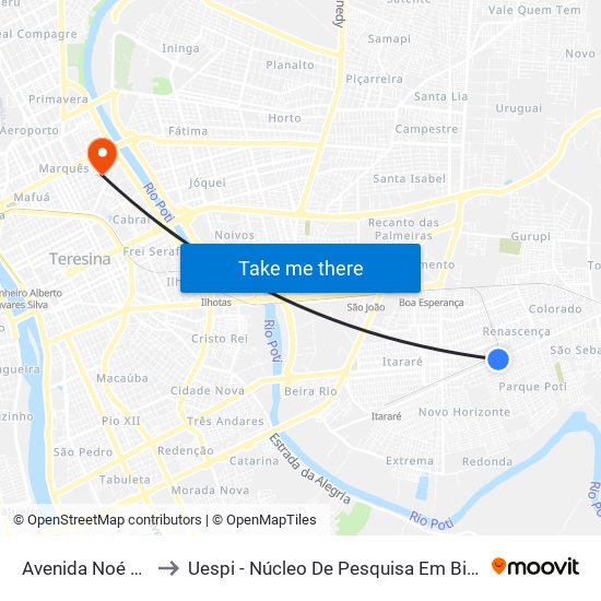 Avenida Noé Mendes, 5270 to Uespi - Núcleo De Pesquisa Em Biotecnologia E Biodiversidade map