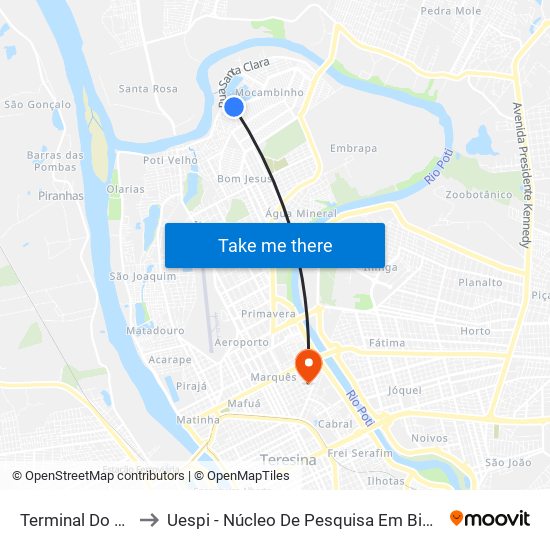 Terminal Do Mocambinho to Uespi - Núcleo De Pesquisa Em Biotecnologia E Biodiversidade map