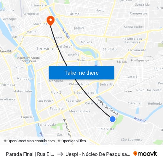 Parada Final | Rua Elesbão Veloso Soares, 3947 to Uespi - Núcleo De Pesquisa Em Biotecnologia E Biodiversidade map