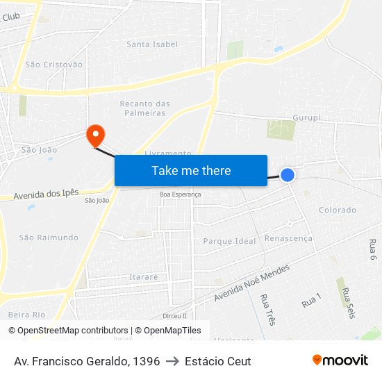 Av. Francisco Geraldo, 1396 to Estácio Ceut map