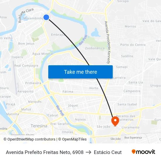 Avenida Prefeito Freitas Neto, 6908 to Estácio Ceut map