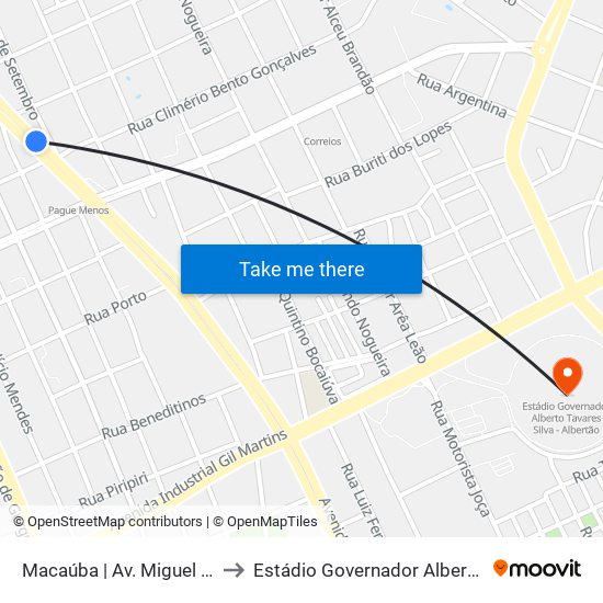 Macaúba | Av. Miguel Rosa - Sentido Centro to Estádio Governador Alberto Tavares Silva - Albertão map