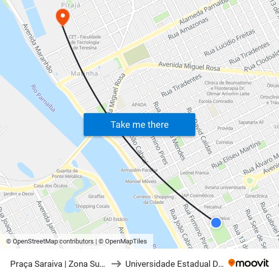 Praça Saraiva | Zona Sudeste E Timon to Universidade Estadual Do Piauí - Uespi map