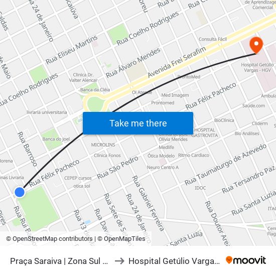 Praça Saraiva | Zona Sul E Norte to Hospital Getúlio Vargas - Hgv map