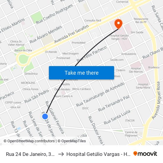 Rua 24 De Janeiro, 395 to Hospital Getúlio Vargas - Hgv map