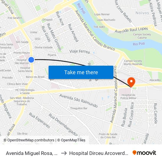 Avenida Miguel Rosa, 3640 | Servi-San to Hospital Dirceu Arcoverde da Polícia Militar map