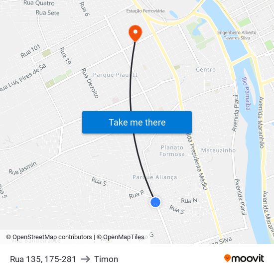 Rua 135, 175-281 to Timon map