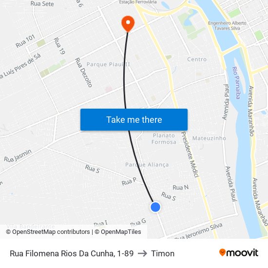 Rua Filomena Rios Da Cunha, 1-89 to Timon map