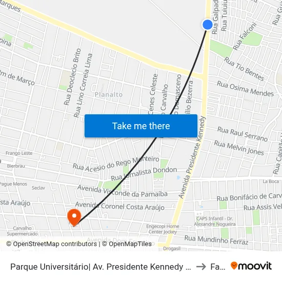 Parque Universitário| Av. Presidente Kennedy - Sentido Bairro to Facid map