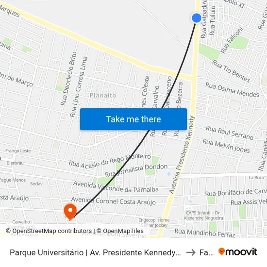 Parque Universitário | Av. Presidente Kennedy - Sentido Centro to Facid map