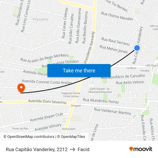 Rua Capitão Vanderley, 2212 to Facid map