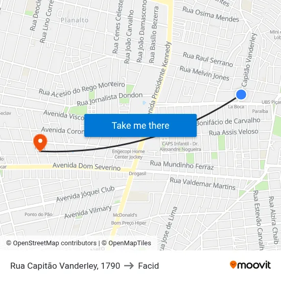 Rua Capitão Vanderley, 1790 to Facid map