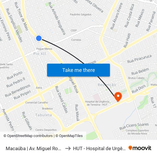 Macaúba | Av. Miguel Rosa - Sentido Centro to HUT - Hospital de Urgências de Teresina map