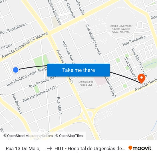 Rua 13 De Maio, 3443 to HUT - Hospital de Urgências de Teresina map