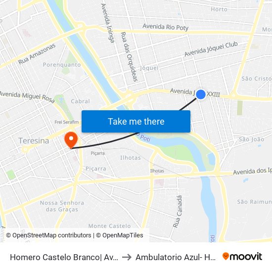 Homero Castelo Branco| Av. João XXIII - Sentido Bairro to Ambulatorio Azul- Hospital Getúlio Vargas map