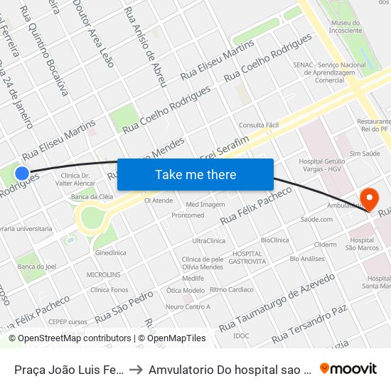 Praça João Luis Ferreira to Amvulatorio Do hospital sao marcos map