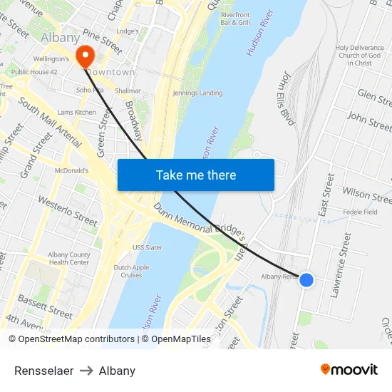 Rensselaer to Albany map