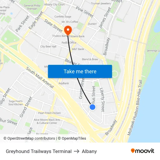 Greyhound Trailways Terminal to Albany map