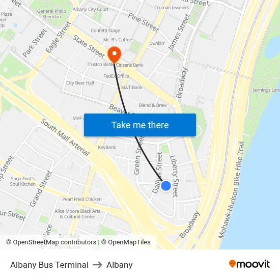 Albany Bus Terminal to Albany map