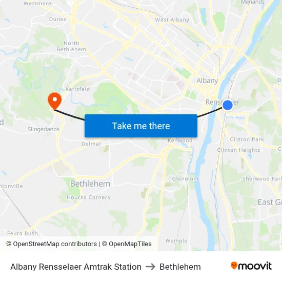 Albany Rensselaer Amtrak Station to Bethlehem map