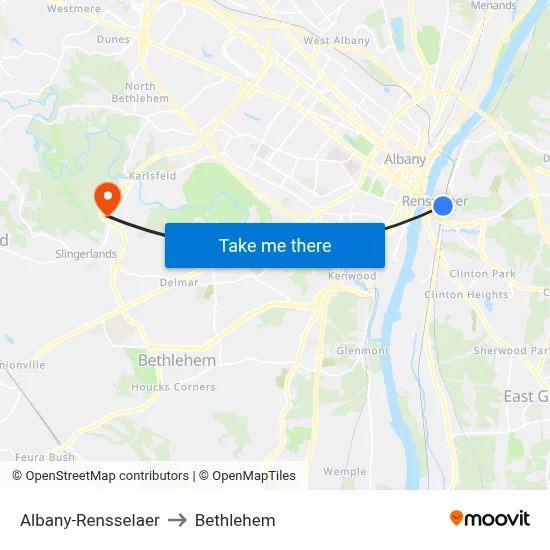 Albany-Rensselaer to Bethlehem map