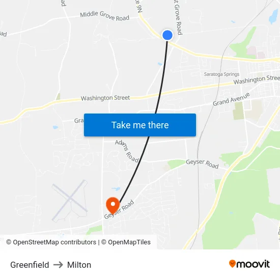 Greenfield to Milton map