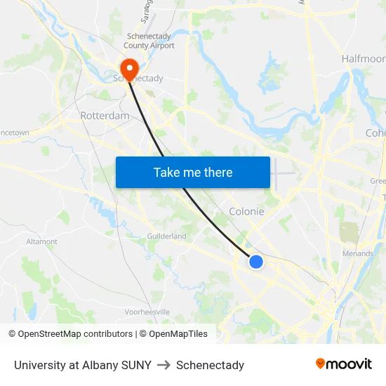 University at Albany SUNY to Schenectady map