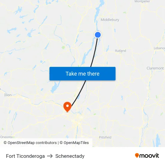 Fort Ticonderoga to Schenectady map